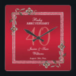 Ruby Red Gems & Glitter Ruby 40TH Wedding   Square Wall Clock<br><div class="desc">Glamourous and elegant posh ruby red 40th Ruby Wedding Anniversary Wall Clock with stylish ruby red gem stone jewels corner decorations and matching coloured glitter border frame. A romantic design for your celebration. All text, font and font colour is fully customizable to meet your requirements. If you would like help...</div>
