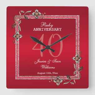 Ruby Red Gems & Glitter Ruby 40TH Wedding   Square Wall Clock