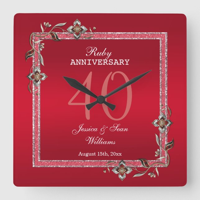 Ruby Red Gems & Glitter Ruby 40TH Wedding   Square Wall Clock (Front)