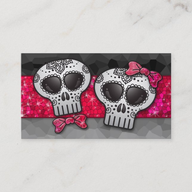 Ruby Red Glitter Black White Ombre Sugar Skulls Business Card (Front)