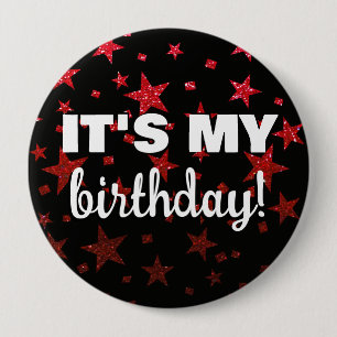 Ruby Red Glitter Stars Confetti It's My Birthday 4 Inch Round Button