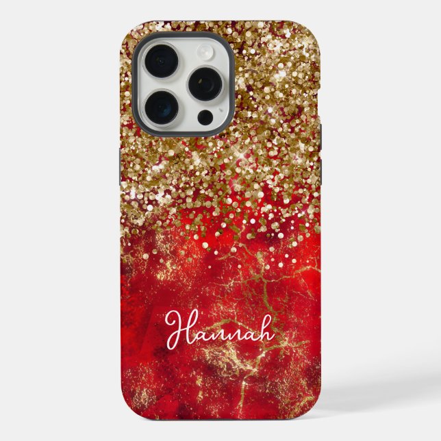 Ruby Red Glittery Gold Glam Personalized iPhone Case (Back)