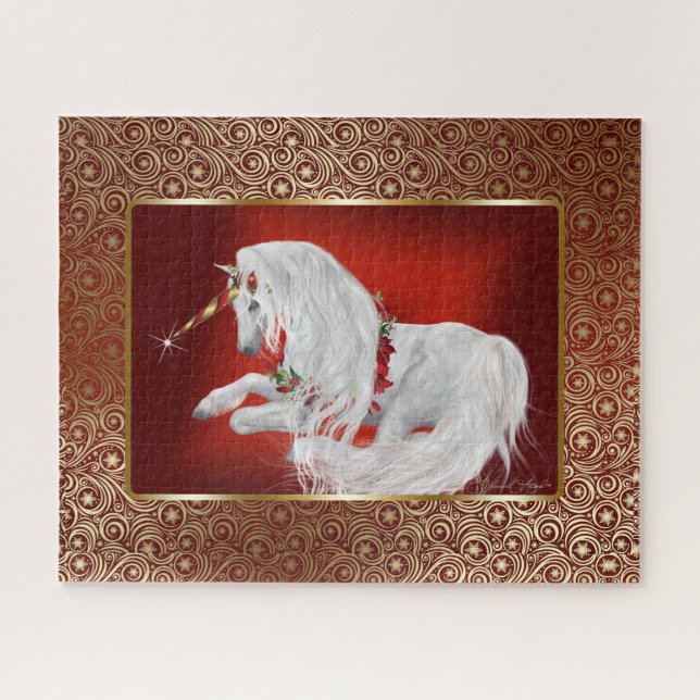 Ruby Red Gold Fantasy Holiday Unicorn  Jigsaw Puzzle (Horizontal)