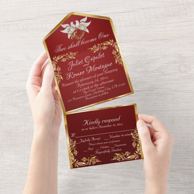 Ruby Red, Gold Leaves, Doves & Heart All In One Invitation (Tearaway)