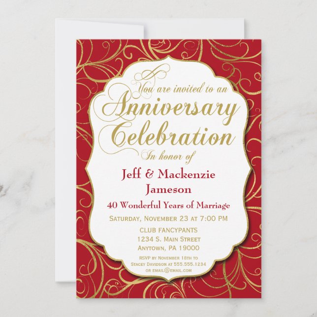 Ruby Red Gold Swirl Anniversary Invitation Elegant (Front)
