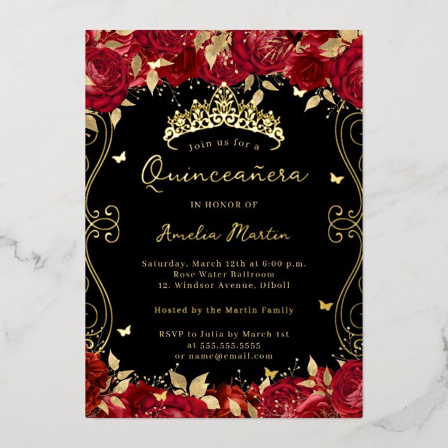 Ruby Red Gold Swirl Scroll Floral Quinceanera  (Front)