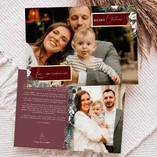 Ruby Red Greenery Vintage Family Newsletter Photo Foil Holiday Card