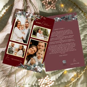 Ruby Red Greenery Vintage Four Photo Collage Foil Holiday Card