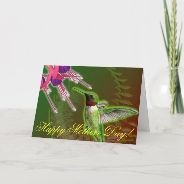 Ruby Red Hummingbird and Fuchsia Mothers Day Card (Front)