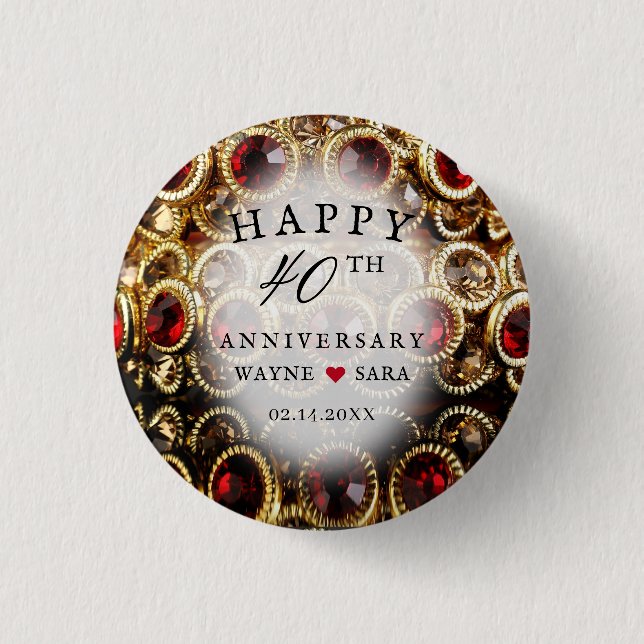 Ruby Red Jewelled 40th Wedding Anniversary 1 Inch Round Button (Front)