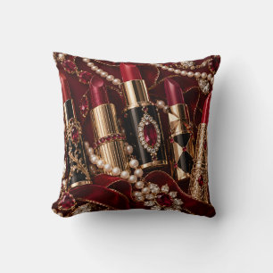 Ruby Red Lipstick Gold Pearl Glam Throw Pillow