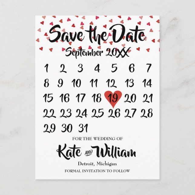 Ruby Red Love Heart Calendar Save the Date Announcement Postcard (Front)