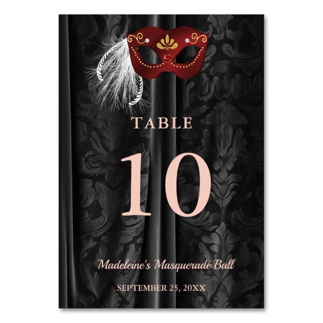 Ruby Red Masquerade & Black Damask Drapes Table Number (Front)