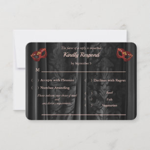 Ruby Red Masquerade Black Damask Gold RSVP Card