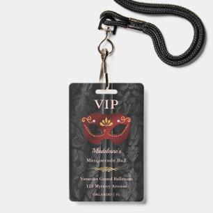 Ruby Red Masquerade VIP Pass Black Damask Gold Badge