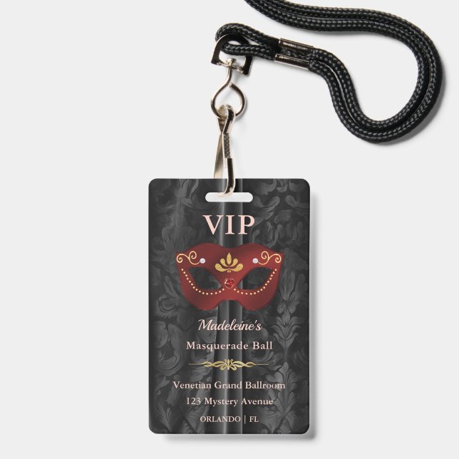 Ruby Red Masquerade VIP Pass Black Damask Gold Badge (Front with Lanyard)
