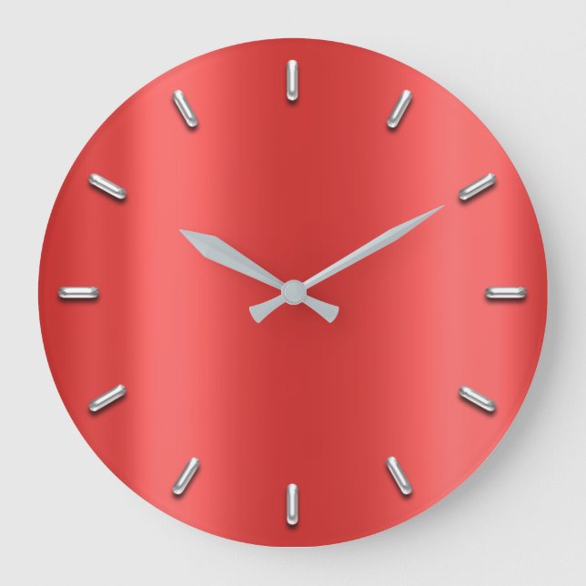 Ruby Red Metallic Minimalism Silver Grey Grey Silk Large Clock (Front)
