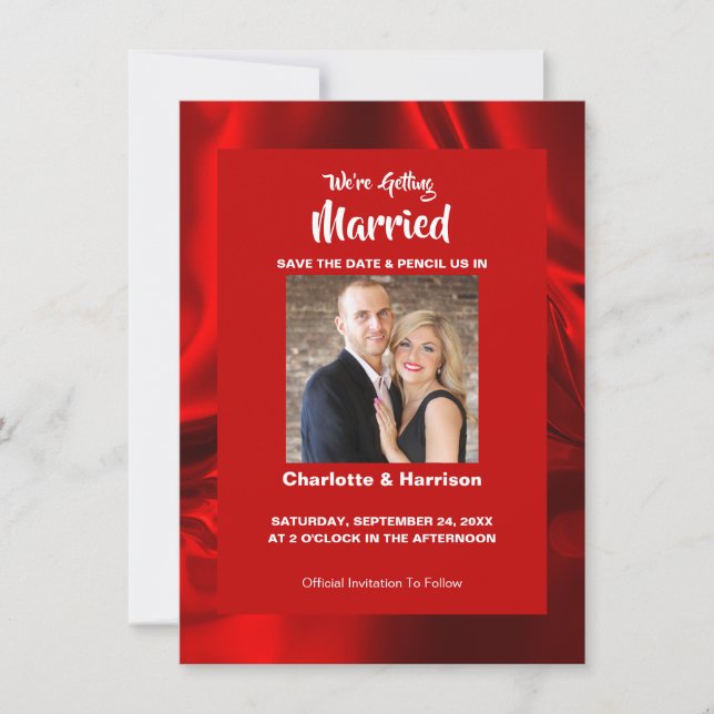 Ruby Red Modern Satin Glam Photo Wedding Save The Date (Front)