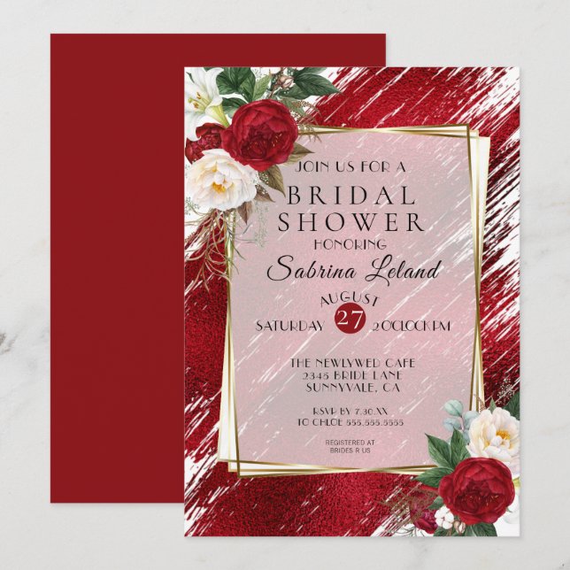 Ruby Red Peonies and Crimson Paint Stroke Invitation (Front/Back)