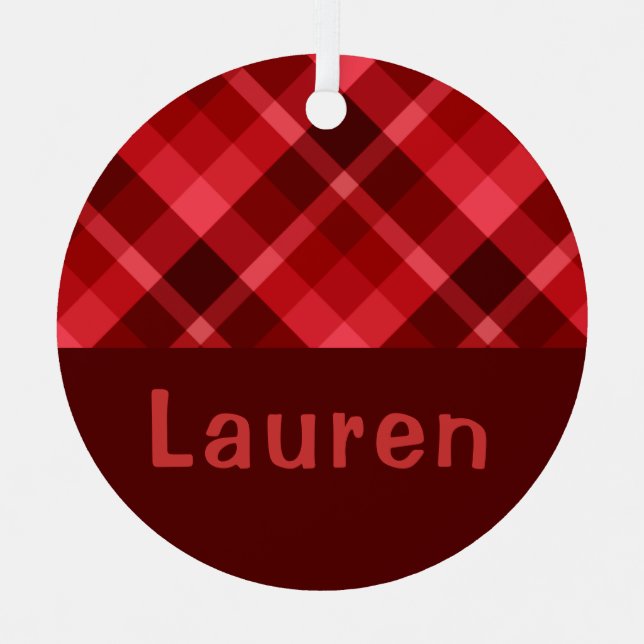 Ruby Red Plaid Monogram Circle Metal Ornament  (Front)