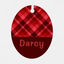 Ruby Red Plaid Monogram Oval Metal Ornament