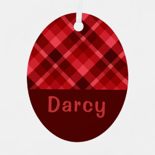 Ruby Red Plaid Monogram Oval Metal Ornament