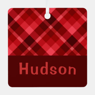 Ruby Red Plaid Monogram Square Metal Ornament