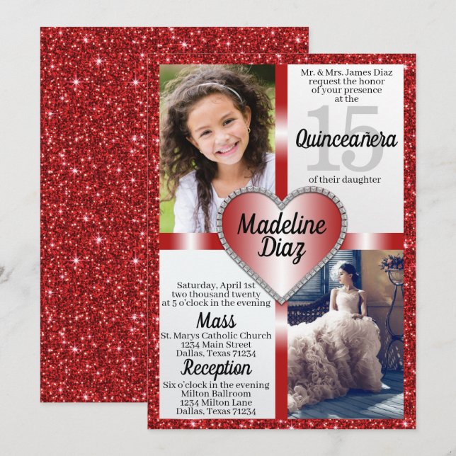 Ruby Red Quinceañera Invitation 15 Cumpleaños (Devant / Derrière)