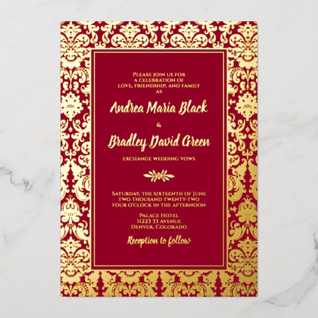 Ruby Red Real Gold Foil Damask Wedding (Front)