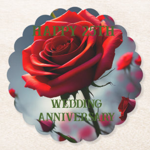 Ruby Red Rose 25th Wedding Anniversary,  Paper Coaster