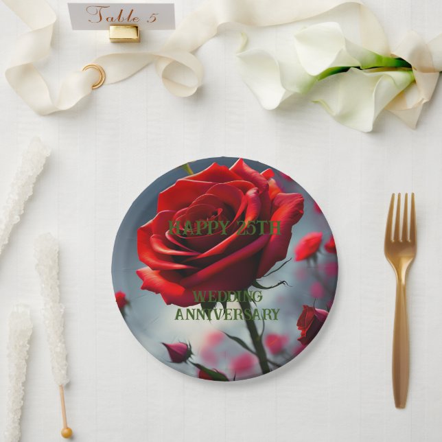 Ruby Red Rose 25th Wedding Anniversary,  Paper Plate (Wedding)