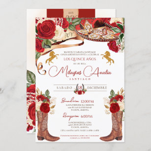 Ruby Red Rose Fancy Western Charra Quinceanera Invitation