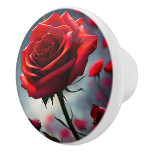 Ruby Red Rose Stem And Buds, Ceramic Knob