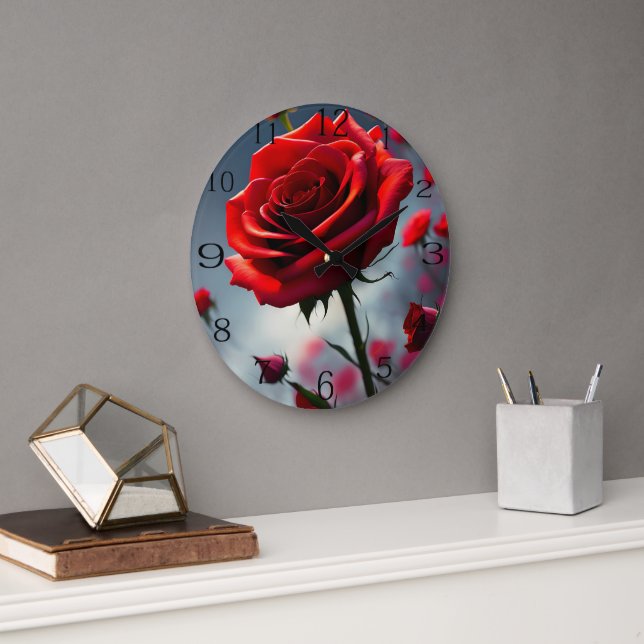 Ruby Red Rose Stem And Buds, Large Clock (Office)
