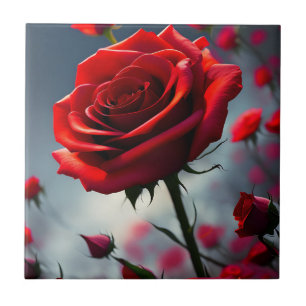Ruby Red Rose Stem And Buds, Tile