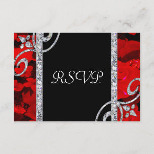 Ruby Red Roses & Diamond Swirls Wedding RSVP Card
