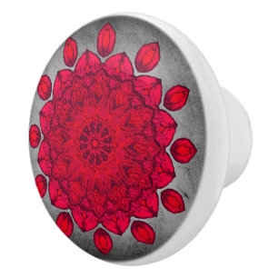 Ruby Red Rosette over Grey Stone Ceramic Knob