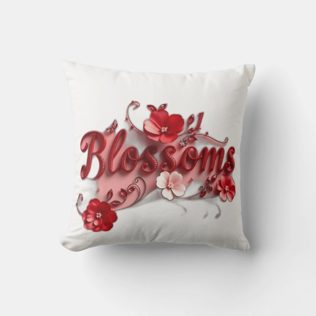 Ruby Red Script Blossoms Throw Pillow (Front)