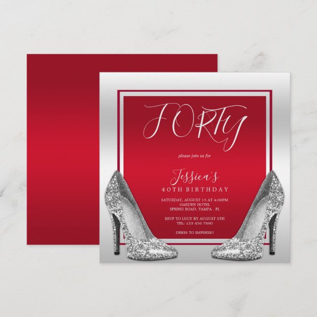 Ruby Red & Silver Stilettos 40th Birthday Invitation (Front/Back)