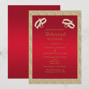 Ruby Red, Sparkly Gold Rings Rehearsal Dinner Invitation