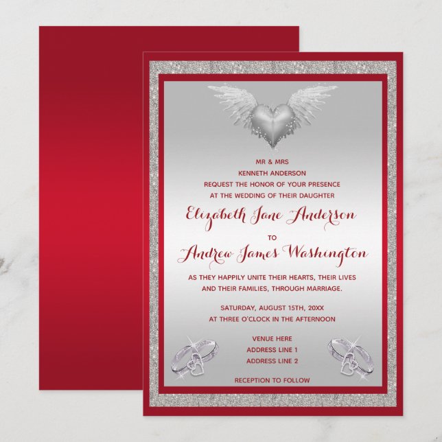 Ruby Red, Sparkly Rings & Feather Heart Wedding Invitation (Front/Back)