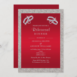 Ruby Red, Sparkly Silver Rings Rehearsal Dinner Invitation