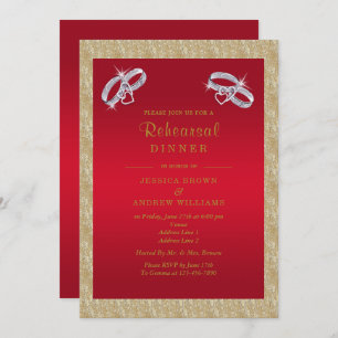 Ruby Red, Sparkly Silver Rings Rehearsal Dinner Invitation