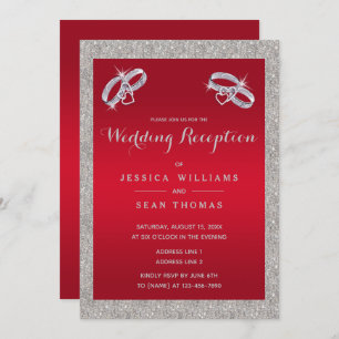 Ruby Red, Sparkly Silver Rings Wedding Reception Invitation
