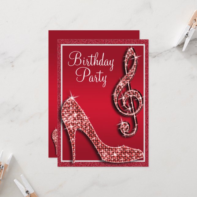 Ruby Red Stiletto & Treble Clef Birthday Invitation (Front/Back In Situ)
