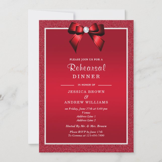 Ruby Red & Stylish Gem Wedding Rehearsal Dinner Invitation (Front)