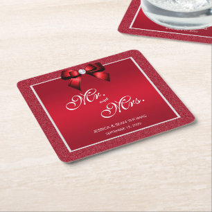 Ruby Red & Stylish Gem Wedding Square Paper Coaster