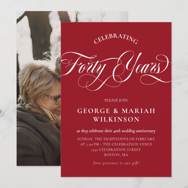 Ruby Red Swirly Calligraphy 40th Weddi Anniversary Invitation (Front/Back)