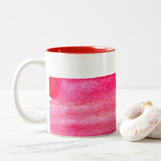 Ruby red watercolor swish Two-Tone coffee mug (With Donut)