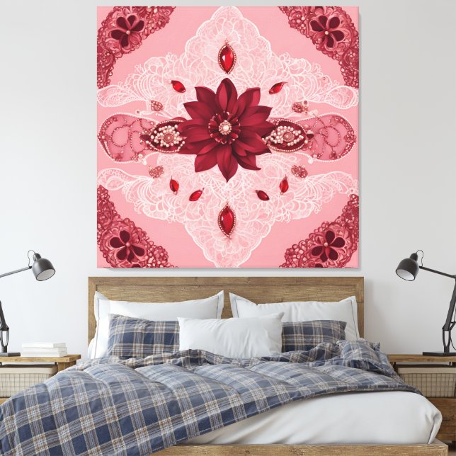 Ruby Red & White Lace Floral Mandala  Canvas Print (Insitu(Bedroom))
